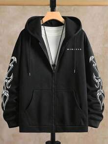 Manfinity Homme Plus Size Men's Letter Print Long Sleeve Zip Front Pocket Drawstring Hoodie Sweatshirt, Black Graphic Zip Up, Graphic Zip Up Hoodie Men S, Black And White Zip Up Hoodie , Fall