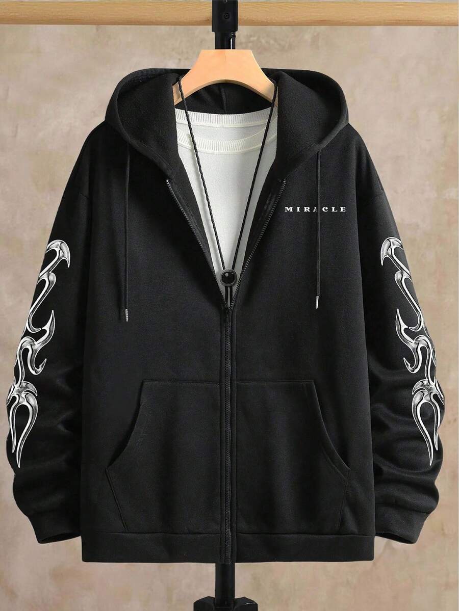 Manfinity Homme Plus Size Men's Letter Print Long Sleeve Zip Front Pocket Drawstring Hoodie Sweatshirt, Black Graphic Zip Up, Graphic Zip Up Hoodie Men S, Black And White Zip Up Hoodie , Fall