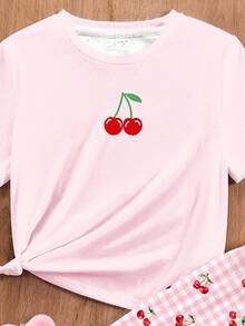 SHEIN Cute Mini Cherry Plaid, Young Girls Casual Minimalist Fitted Round Neck Short Sleeve T-Shirt & Loose Pants Homewear Set, Suitable For Summer - Multicolor - View 4