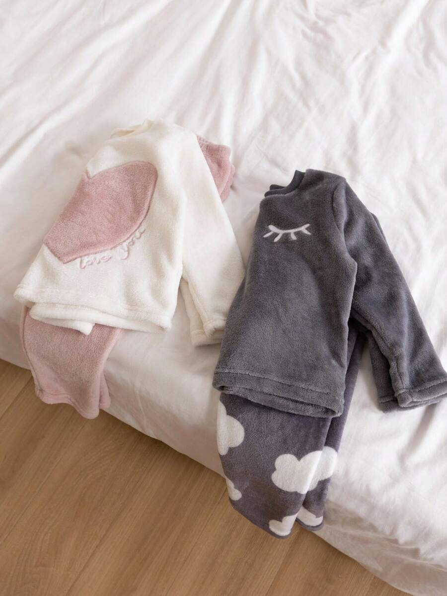 Genkimix Kids 4 件套女孩云朵和心形图案休闲舒适羊毛睡衣套装，粉色 - 彩色 - 查看 1