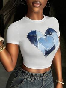 INAWLY Solva Women's Heart Print Round Neck Short Sleeve Cropped Casual T-Shirt