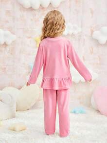 少女简约兔子刺绣长袖上衣和裤子羊毛休闲两件套睡衣套装，浅蓝色 - 粉色 - 查看 2