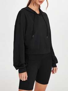 SHEIN Sports 女式纯色镂空后背设计宽松长袖瑜伽健身运动衫 - 黑色 - 查看 2