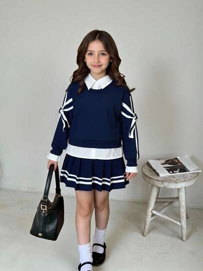 SHEIN Sparklyn 2 件套青少年女孩度假休闲舒适设计袖蝴蝶结装饰二合一衬衫运动衫和百褶裙套装，适合日常穿着