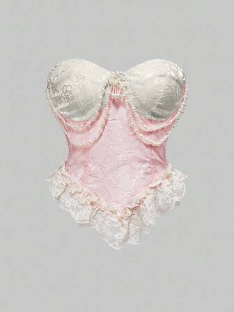 Kawaii Blouse décorée de dentelle, satin et perles de style victorien vintage, rose poudré pour femmes