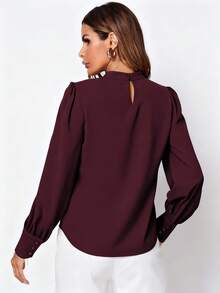 EMERY ROSE Casual Solid Color Long Sleeve Shirt, Versatile For Autumn - Burgundy - View 2