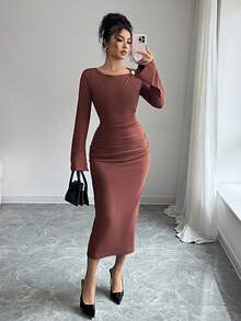 Elenzga Women's Elegant Asymmetric Collar Metal Buckle Waist Ruched Autumn Dress