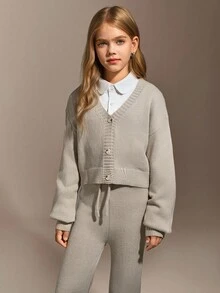 Hanevo Tween Girls' Fashionable Simple Knitted Cardigan And Pants Set - Grey - View 2