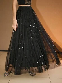 MOTF PREMIUM 浪漫优雅仿珍珠网眼裙 - 黑色 - 查看 5