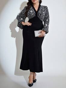 Modelyn 大码 V 领灯笼袖修身优雅连衣裙 - 黑色 - 查看 5