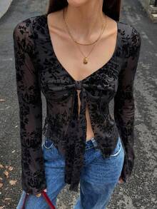 SHEIN Unity Women's Sexy Flocked Lace Twist Ribbon Fashionable Versatile V-Neck Flare Sleeve Top, Autumn - Black - View 1