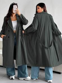 Vionelle 大码纯色宽松休闲风衣 - 深灰色 - 查看 1