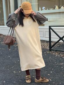 DAZY Tween Girls Knitted Collared Color Block Raglan Sleeve Dress, Fall - Apricot - View 7