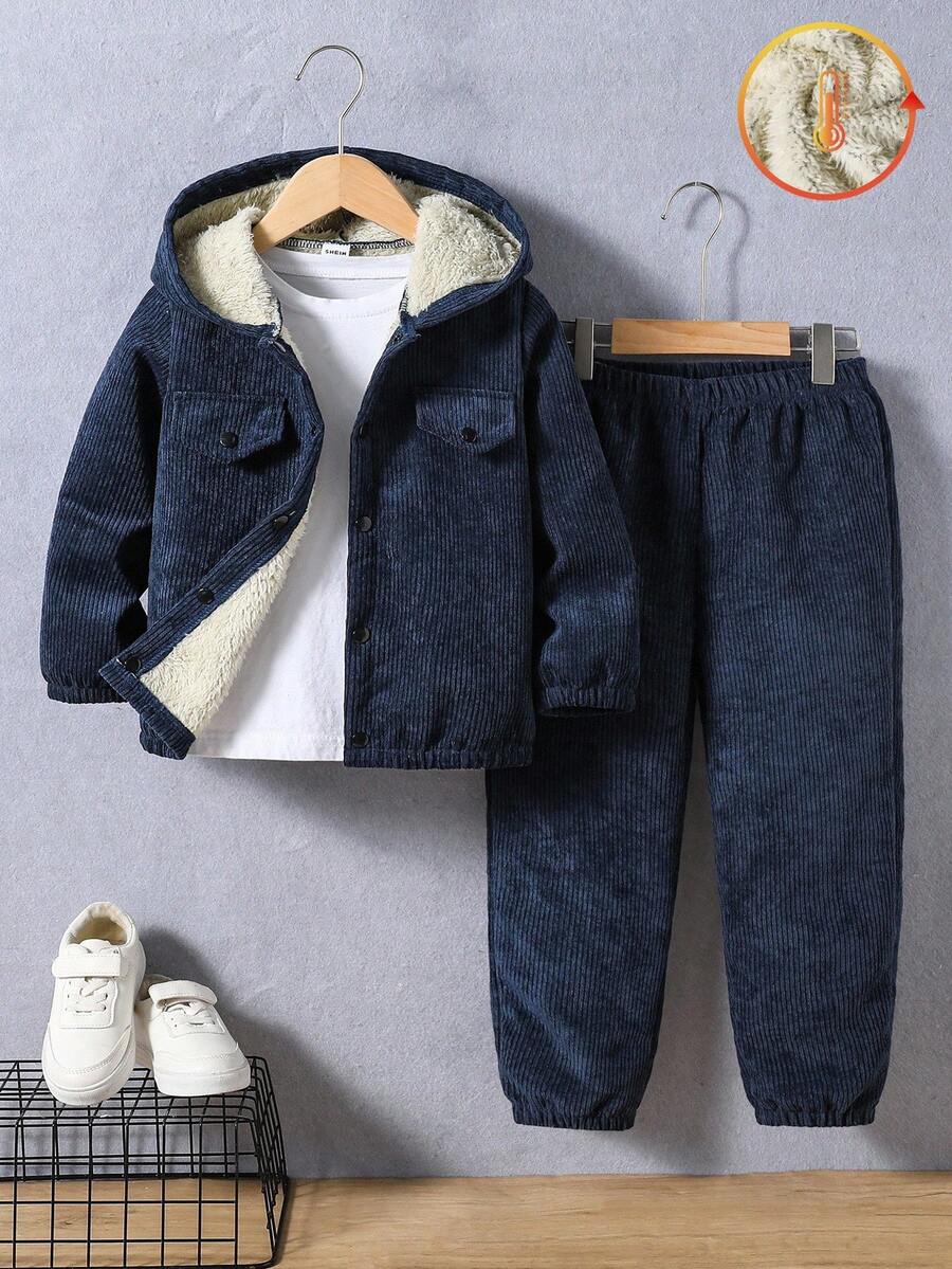 SHEIN Genkimix Kids 2 件套男童休闲简约羊毛夹克和裤子套装，适合休闲、日光浴、上学、秋冬、幼儿服装 - 藏蓝色 - 查看 1