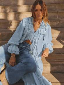 Aralina 冬季长袖荷叶边前开襟长款波西米亚风开衫连衣裙 - 淺藍色 - 查看 4