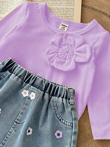 SHEIN Playful Pals 女婴时尚街头风格两件套，黄色花卉装饰长袖上衣和印花牛仔裙，适合日常穿着和旅行，春秋季 - 紫色 - 查看 7