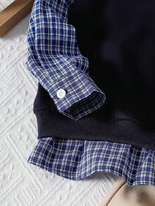 SHEIN 2 件套幼儿男童刺绣二合一 Polo 领长袖上衣和裤子，时尚户外街头服饰 - 寶藍色 - 查看 6