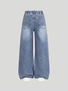 SHEIN Denimly 新款春夏女款宽松浅蓝色牛仔阔腿牛仔裤，柔软的牛仔面料如云朵般包裹，爱心刺绣细节，松紧腰身设计穿着舒适，适合校园、街头、约会、户外活动、日常穿着 - 深色水洗藍 - 查看 2