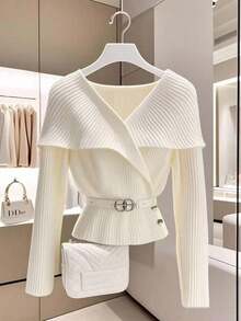 Franclia New Autumn/Winter French Elegant Versatile Personalized Knitted Women Pullover Sweater - White - View 1