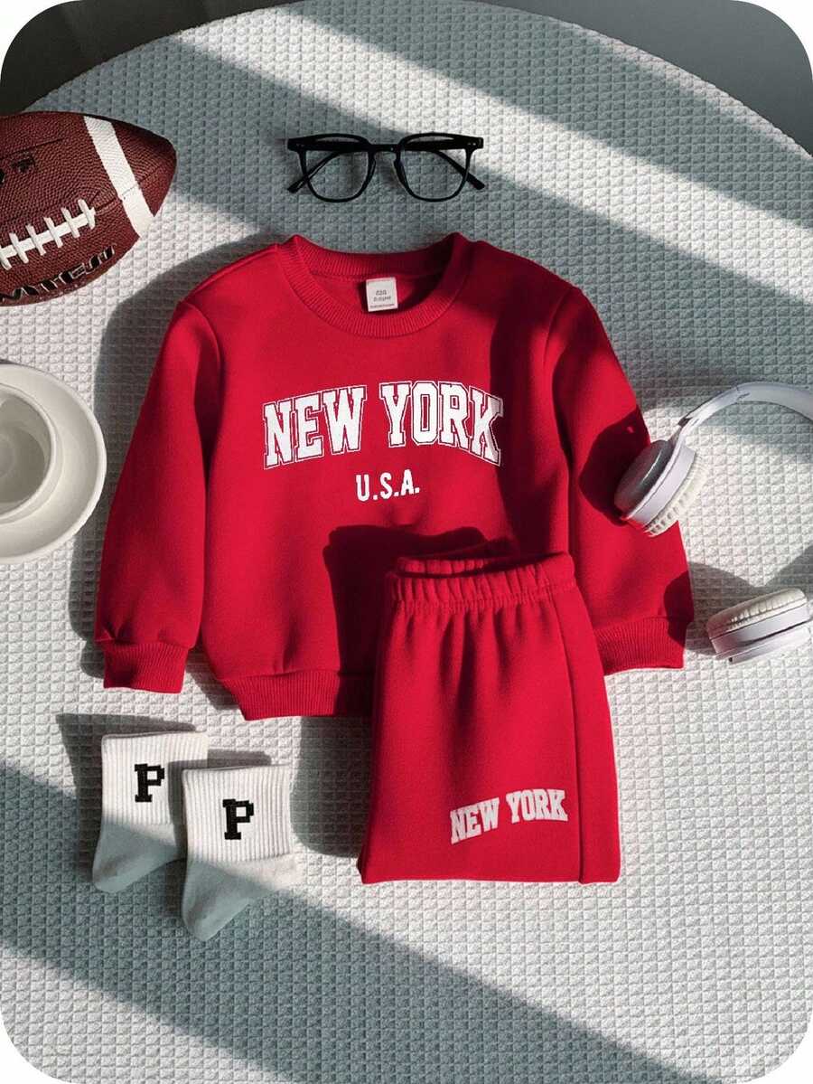 SHEIN 2pcs Baby Boy/Girl Casual Sports Grey Letter Print Long Sleeve Hoodie And Pants Tracksuit Set, Autumn/Winter Baby Set Autumn Winter Season Red Toddler Outfit - Burgundy - View 1