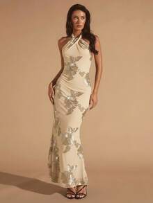 Glamine Robe texturée ajustée avec encolure ras-du-cou élégante, flatteuse et polyvalente pour les femmes - Nude - Voir 1