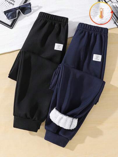 SHEIN 2pcs Tween Boy Casual Style Contrast Color Thermal Lined Sweatpants, Suitable For Autumn/Winter