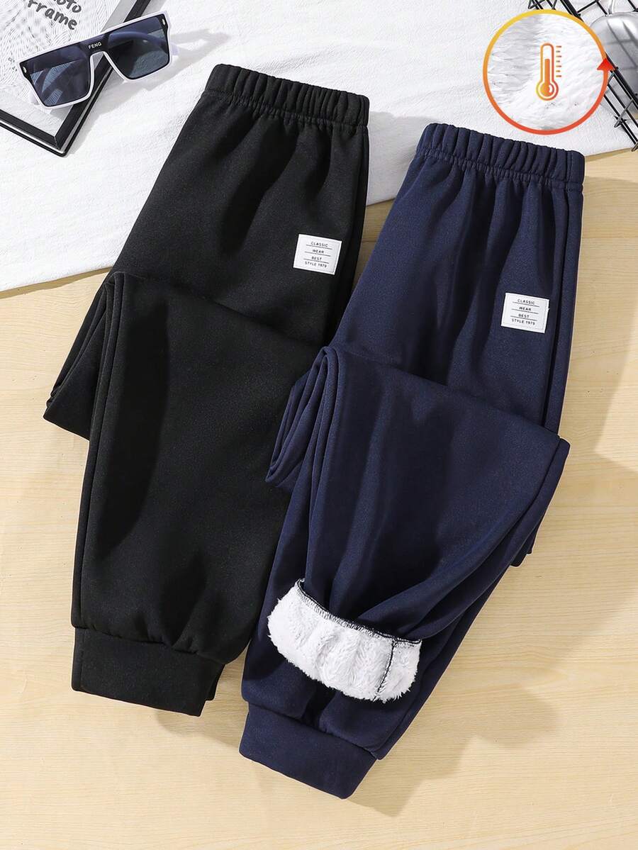 SHEIN 2 件 Tween Boy 休闲风格撞色保暖内衬运动裤,适合秋冬季 - 藏蓝色 - 查看 1