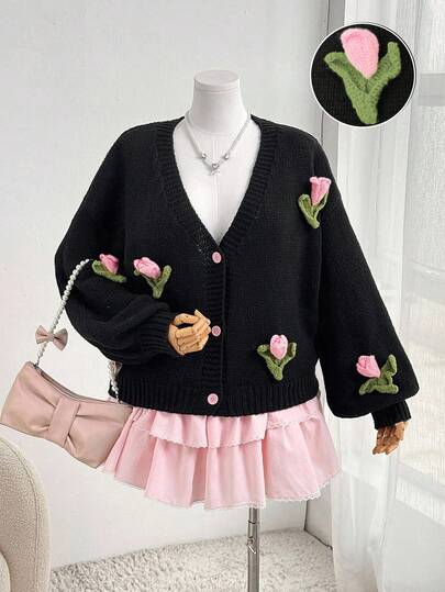 Ceyna Taille agrandie, pull tricoté pour femme, couleur unie, cardigan tricoté, décontracté et élégant, sens du design, fleur de tulipe tricotée à la main, simple boutonnage, pull ample et décontracté à manches longues, vêtement extérieur pour femme, manteau pour femme, pull tricoté, pull tricoté minceur à manches longues pour l'automne et l'hiver, pull tricoté pour femme