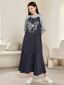 Modelyn 女式休闲拼色花卉蝴蝶印花连帽长款运动衫，秋冬 - 彩色 - 查看 4