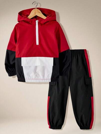 SHEIN 2件套男童拼色连帽长袖夹克和裤子套装