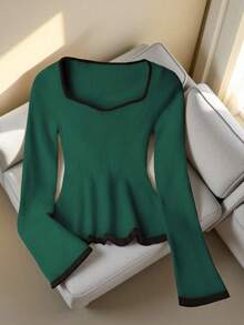 Franclia French Elegant Square Neck Stretchy Fitted Long Sleeve Knit Sweater, Contrast Trim, Suitable For Back To School Season, Apricot, Beige, Black, Cute Ruffle Hem Knit Top For Daily Wear, Autumn/Winter - Dark Green - View 1