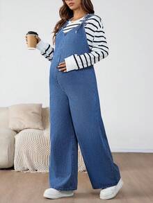 SHEIN Pregnant Fall Autumn Winter Halloween Christmas New Year Commuting Vacation Travel Old Money Style Fashionable Solid Retro Washed Women's Solid Color Knotted Strap Casual Denim Bib Pants And Blue Jumpsuit Women's Maternity Denim Overalls Adjustable Strap Wide Leg Jeans For Pregnancy Comfort