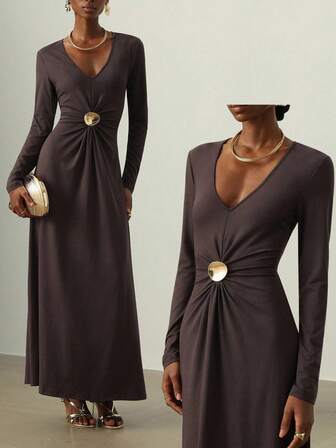 Vesra 女式 V 领长袖金属装饰褶饰连衣裙