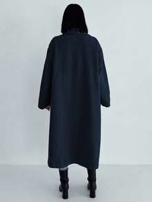 EURMUSE Women's Solid Color Lapel NeckLong Sleeve Long Casual Overcoat - Navy Blue - View 2