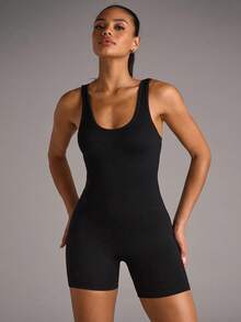 SHEIN BAE Macaquinho Esportivo com Costuras Invisíveis de Malha Canelada, Conjunto de Tênis Feminino, Conjunto de Ginástica Feminino - Preto - Visão 1