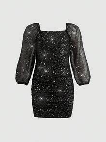 SHEIN Young Girl Knitted Puff Sleeve Square Neck Casual Dress - Black - View 4