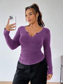 Solflare Plus Size Lilac Snow Washed Notch Neck T-Shirt - Lilac Purple - View 4