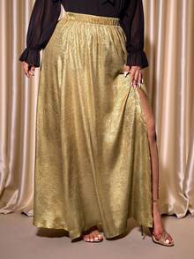 Cravure Christmas Plus Size Women's Elastic Waist Glittery Slit Hem Skirt, Suitable For Party And Evening Wear - Gold - View 3