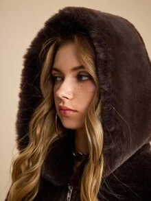 ROMWE EDITION Hippie Western Style Soft Hooded Short Faux Fur Jacket For Women - Coffee Brown - View 3