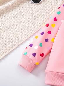 2件套年轻女孩休闲拼布心形印花运动衫和运动裤套装，秋季 - 粉色 - 查看 6