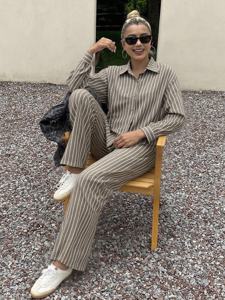 Women's Casual Commuter Striped Shirt And Pants 2 Pieces Set Lounge Sets For Women
