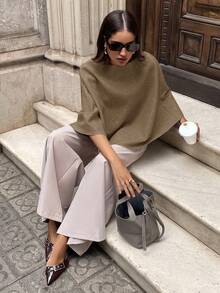 Aloruh 女士优雅斗篷式纯色大衣秋冬女装 - 咖啡棕 - 查看 4