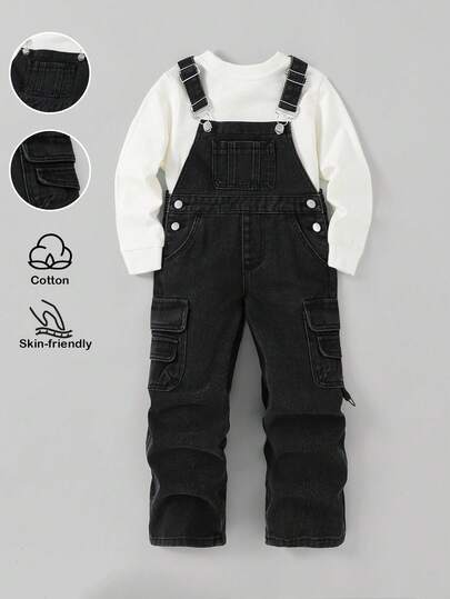 SHEIN 小男孩黑色工装口袋宽腿休闲牛仔背带裤