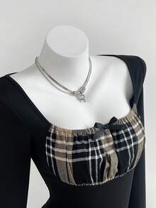 Elamini Camiseta ajustada de manga larga con cuello cuadrado, volantes a cuadros, parches y lazo decorativo para mujer - Multicolor - Ver 1