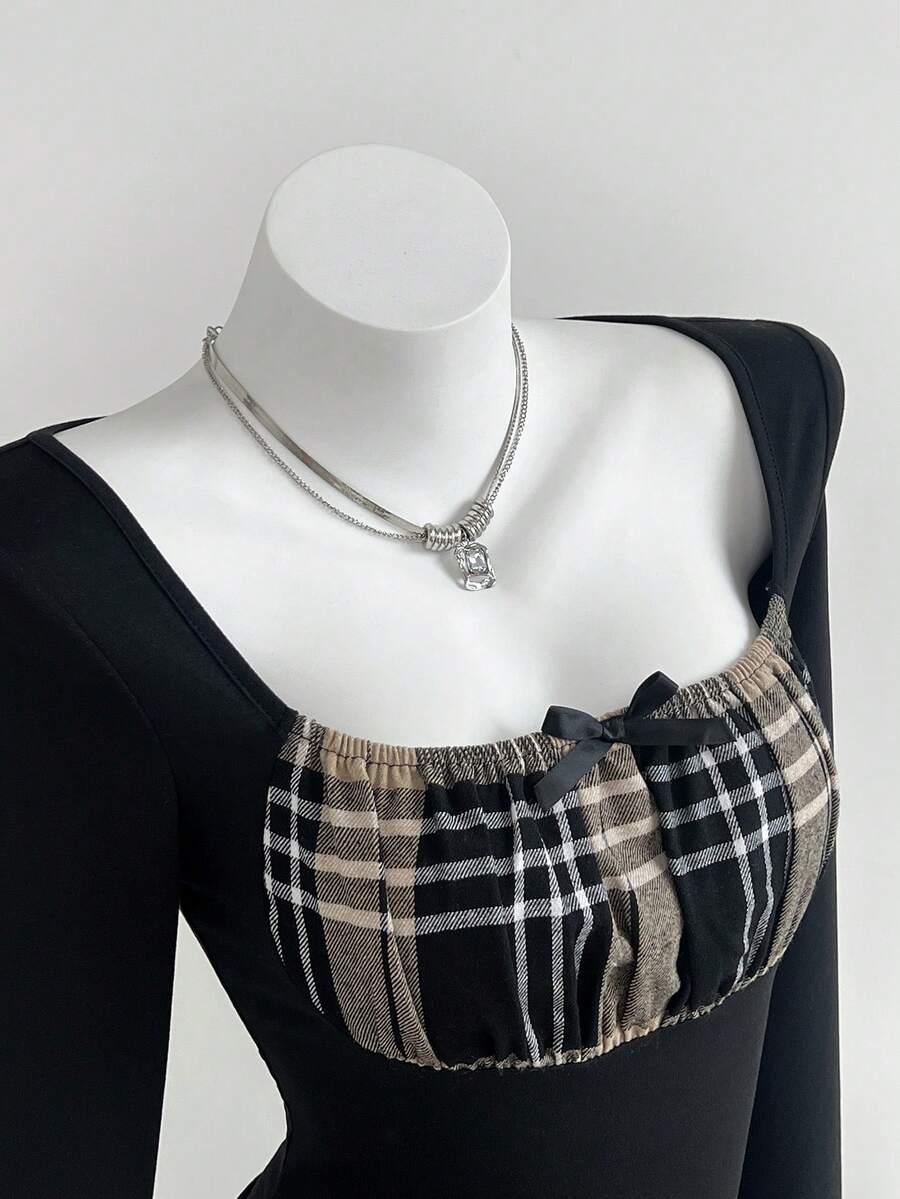 Elamini Camiseta ajustada de manga larga con cuello cuadrado, volantes a cuadros, parches y lazo decorativo para mujer - Multicolor - Ver 1