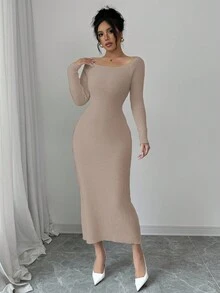 Elenzga 女式纯色露肩露背蝴蝶结修身优雅针织连衣裙，秋冬 - 杏色 - 查看 5