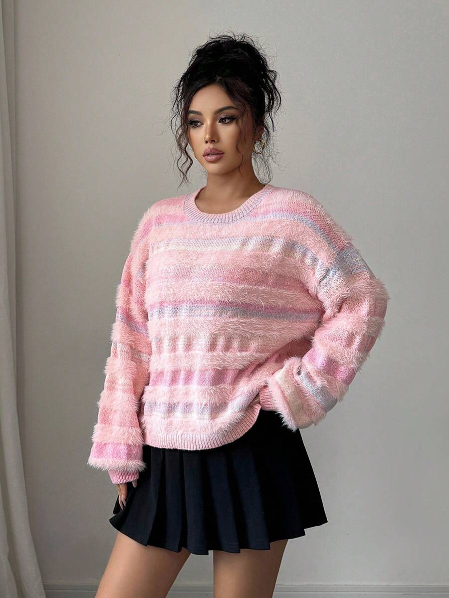 SHEIN Elenzya Suéter casual de mujer con rayas y piel sintética, otoño/invierno - Rosa - Ver 1