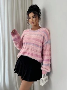 SHEIN Elenzya Suéter casual de mujer con rayas y piel sintética, otoño/invierno - Rosa - Ver 5