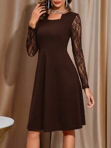 Amorya Váy ren tay áo cổ khoét gấu bất đối xứng - Cà phê nâu - Xem 4