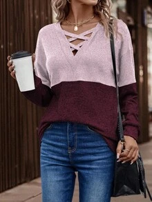 SHEIN LUNE Casual Color Block Drop Shoulder Sweatshirt, Autumn - Multicolor - View 5
